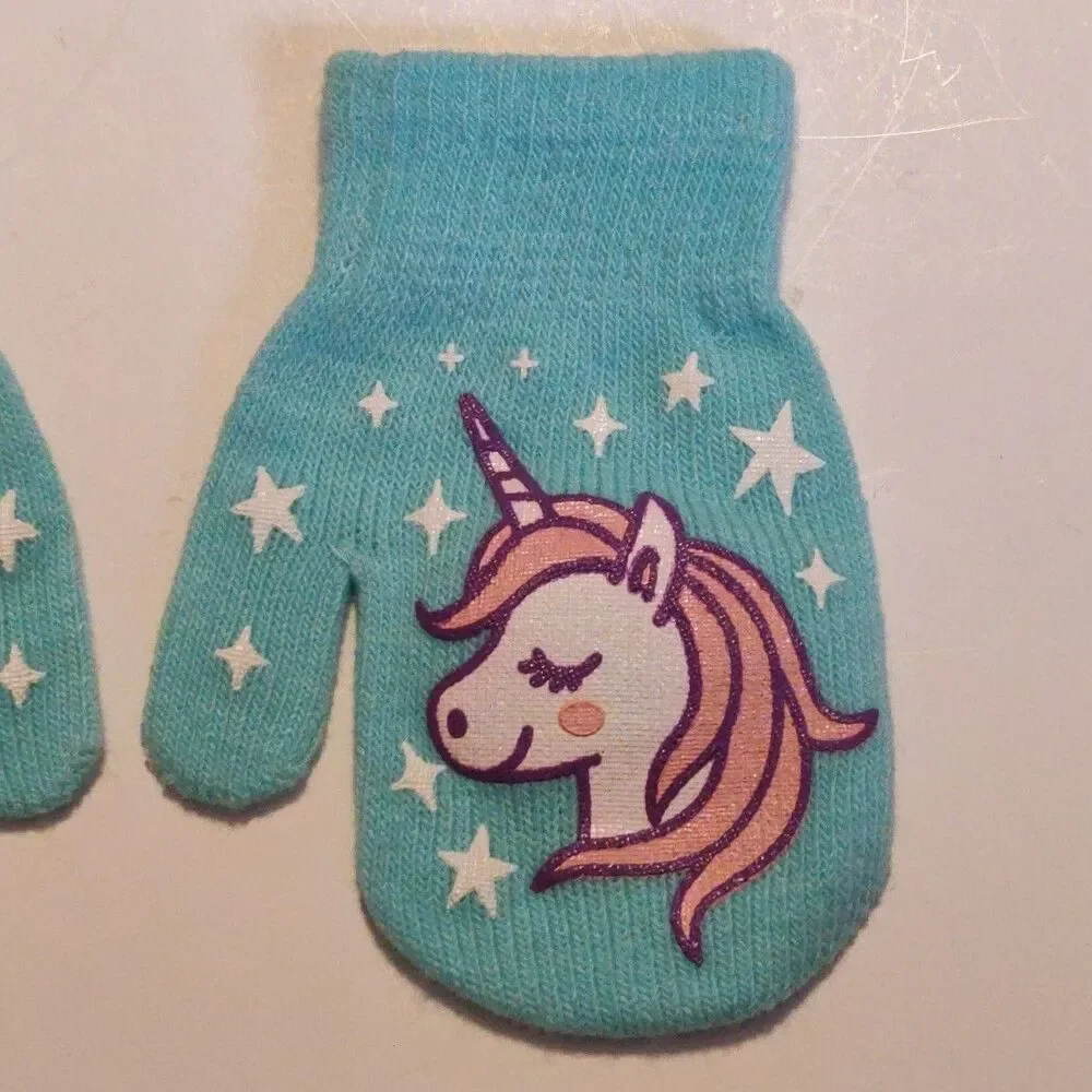 Toddler Unicorn Stars Mittens Blue Knit Warm Winter Accessories Cold Weather